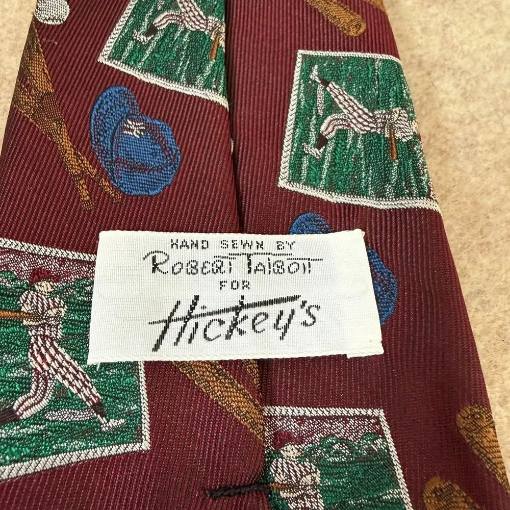 Vintage Robert Talbott silk necktie burgundy baseball novelty sports graphic USA